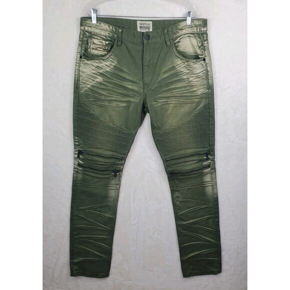 Smoke Rise Other - Smoke Rise Jeans Mens Olive Green Moto Biker Zip Accent Stretch Mens Sz 38 x 34